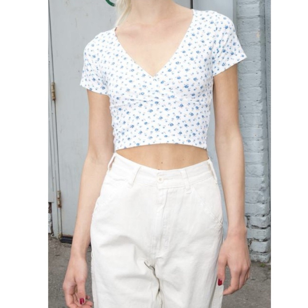 Floral V-Neck Crop Top - White and Blue